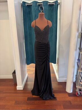 La Femme V-neck hotfix rhinestone bodice dress